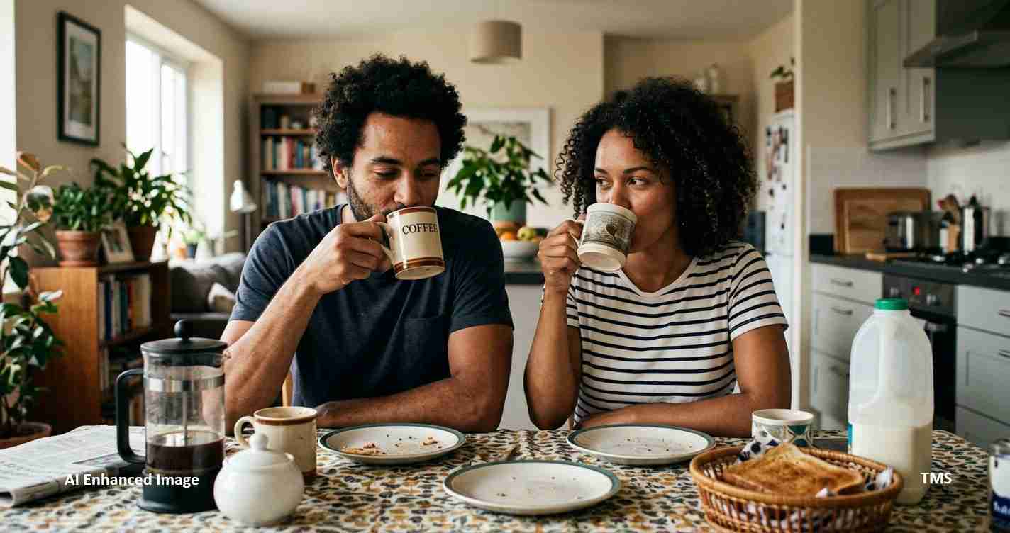Two people sit at a dining table in a bright kitchen, sipping coffee from mugs and chatting as breakfast plates sit nearby.