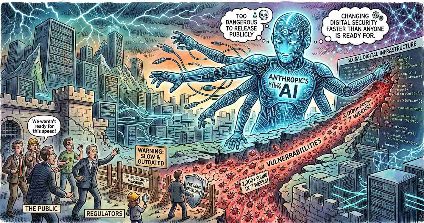 Cartoon of a gigantic blue AI labeled 'Anthropic's AI' ripping through a cybercity, while the public and regulators watch; signs warn of slow security and growing vulnerabilities.