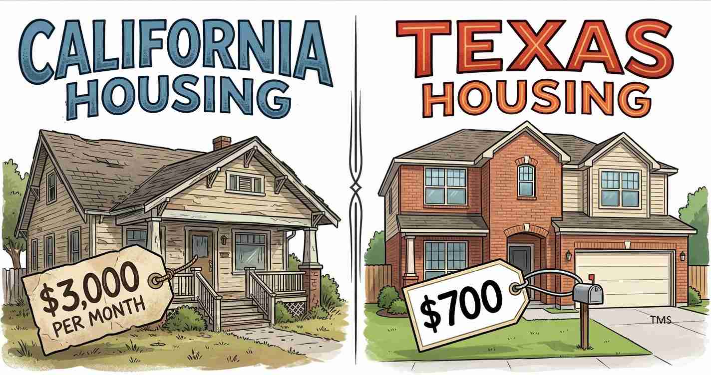 Split illustration comparing housing costs: left shows California at $3,000/month, right shows Texas at $700/month.