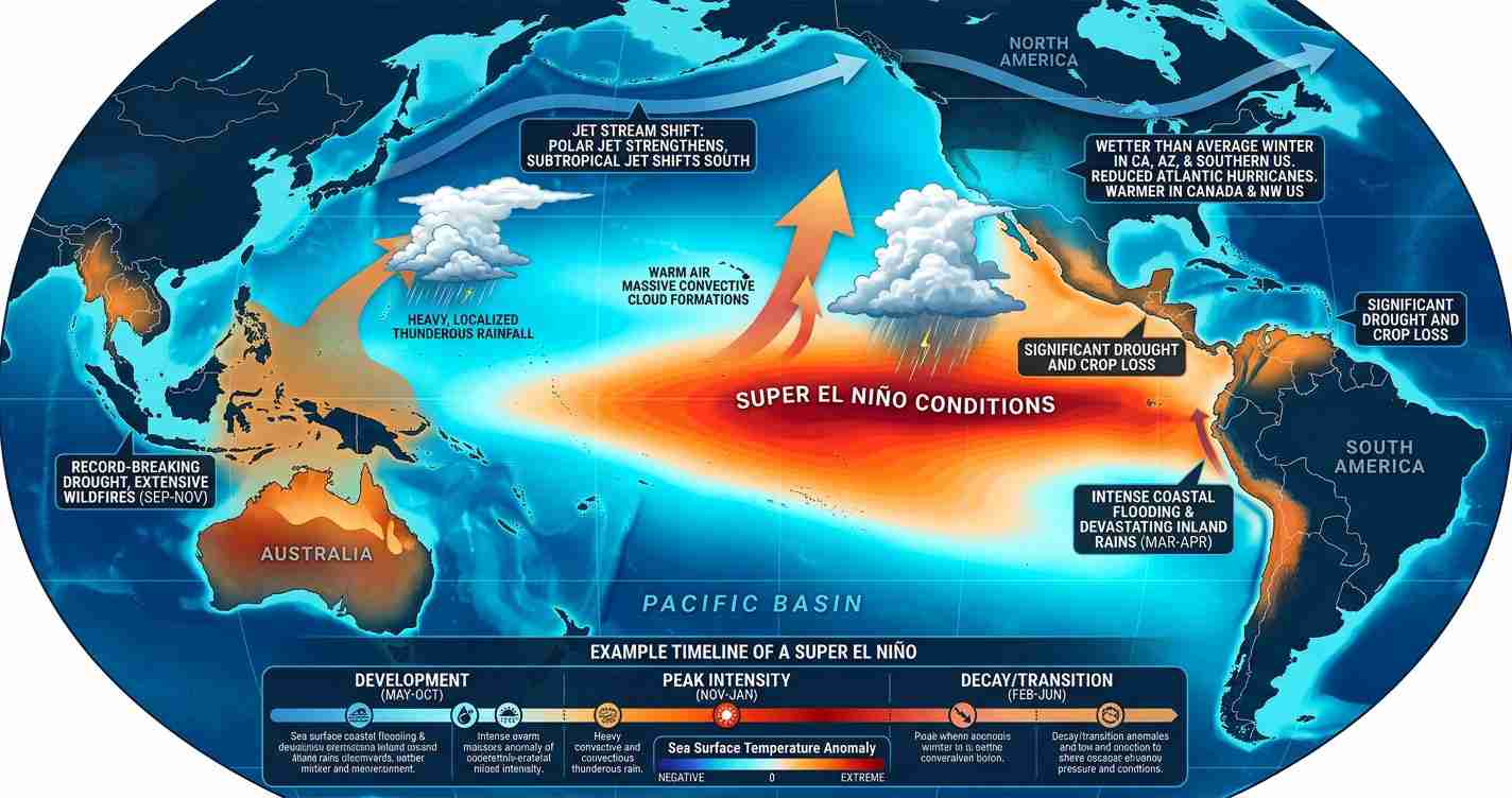 Global map illustrating a Super El Niño with a bright orange central Pacific heat plume and arrows signaling shifting weather patterns and regional impacts labeled around the Pacific Ocean.