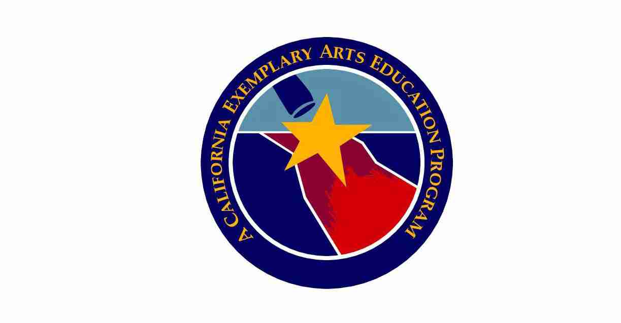 Circular seal for California Exemplary Arts Education Program featuring a yellow star over a stylized mountain landscape and a pencil.