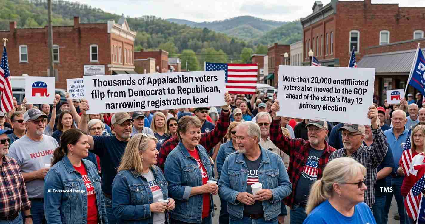 Crowd of voters at a small-town street rally holding large signs about party registration and unaffiliated voters, with American flags in the background.