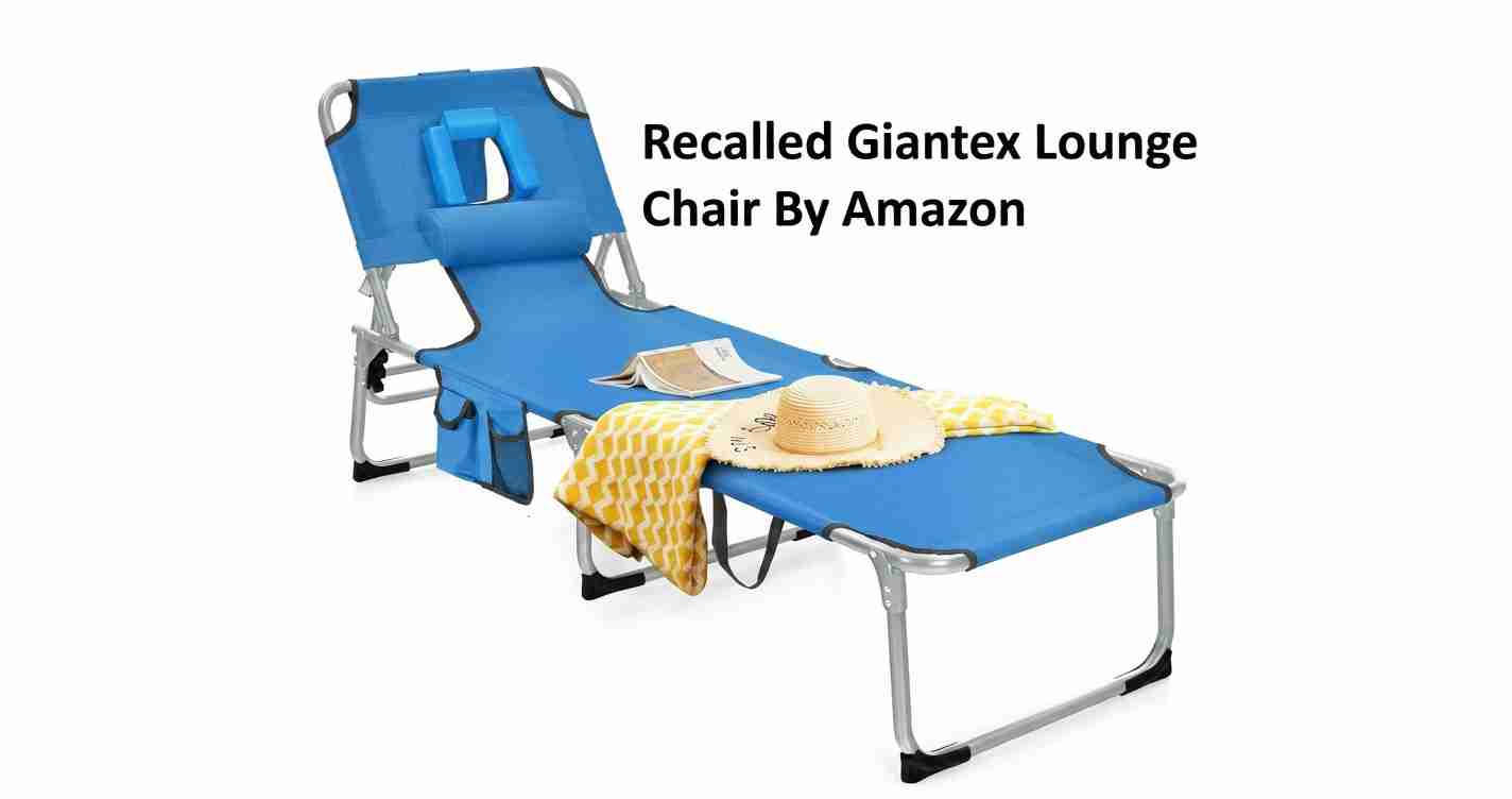 Blue reclining lounge chair with a yellow towel, hat, and magazine on it; caption reads 'Recall Giantex Lounge Chair By Amazon'