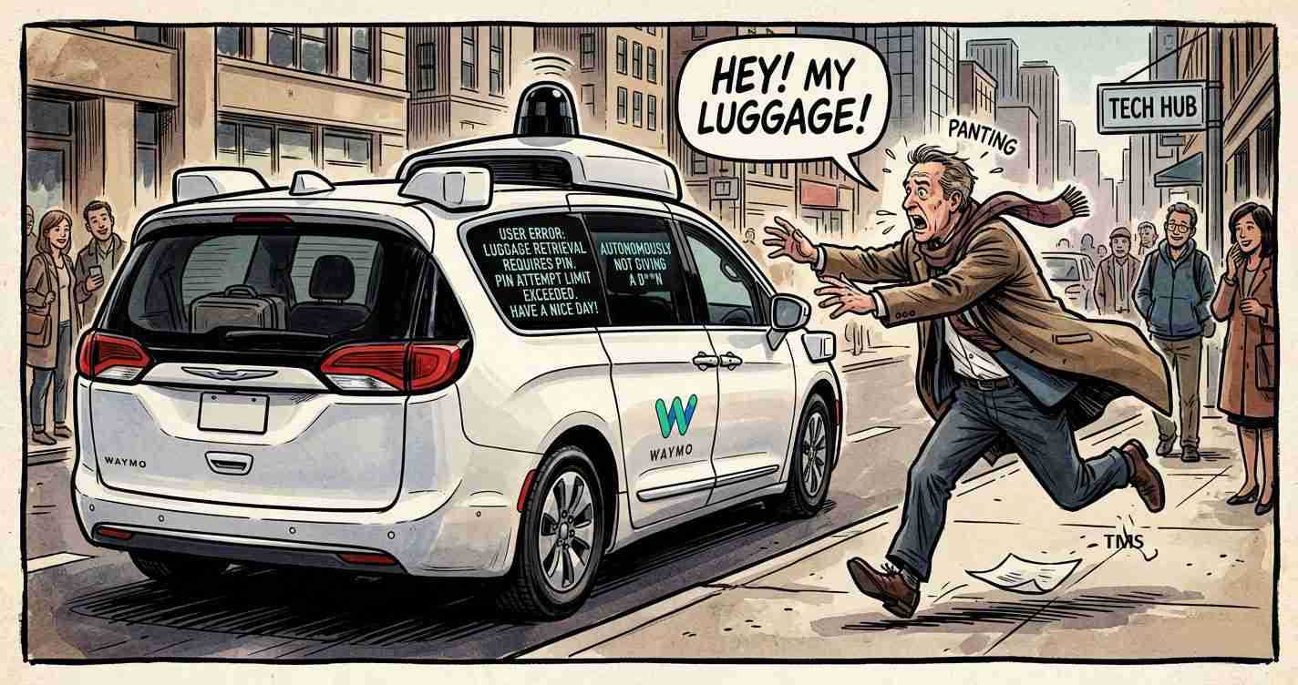 Cartoon of a self-driving Waymo taxi on a city street, a man chasing it and shouting "Hey! My luggage!" as papers flutter behind him.