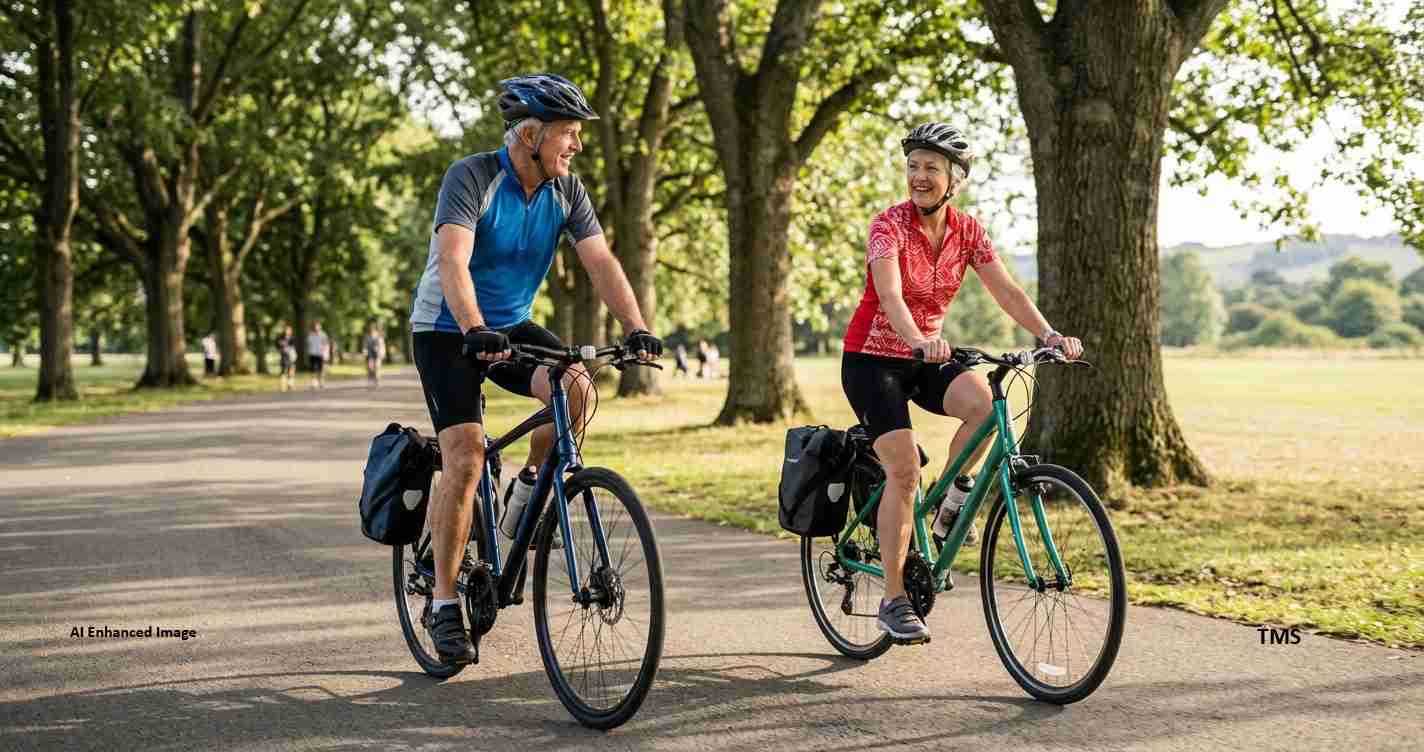 Two cyclists ride side by side on a tree-lined park path, wearing helmets and pannier bags, enjoying a sunny day.