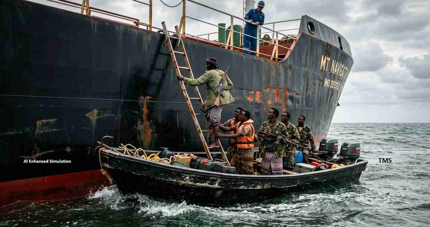 A small dinghy with several crew members helping a climber up a rope ladder to a large dark ship at sea, during a rescue operation.