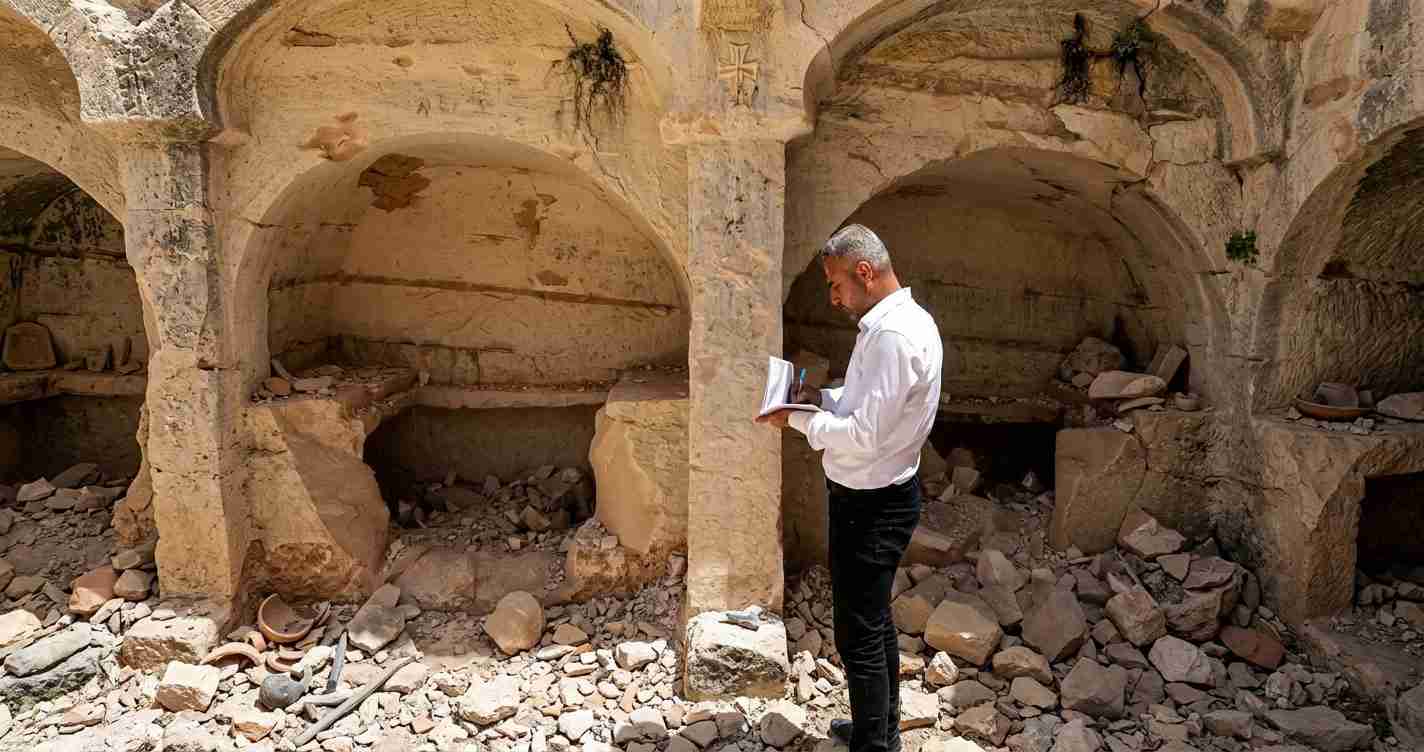 Archaeologist in a white shirt notes observations in a ruined stone chamber amid scattered rubble and arches