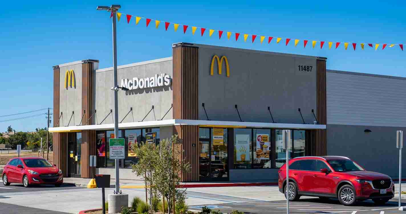 McDonald's restaurant exterior with yellow arches logo, parked red cars, and colorful bunting against a clear blue sky.