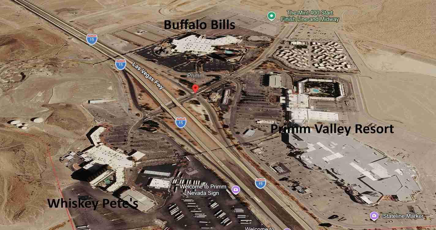 Aerial map of Primm, Nevada showing Whiskey Pete's, Primm Valley Resort, and the I-15 freeway through a desert area, with Buffalo Bills label at top.