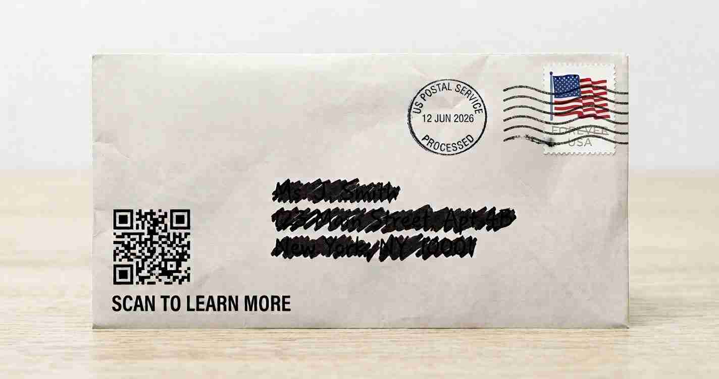 Envelope on a wooden table with a QR code on the left, a United States postage stamp, and the text 'SCAN TO LEARN MORE' at the bottom; handwritten address is obscured.