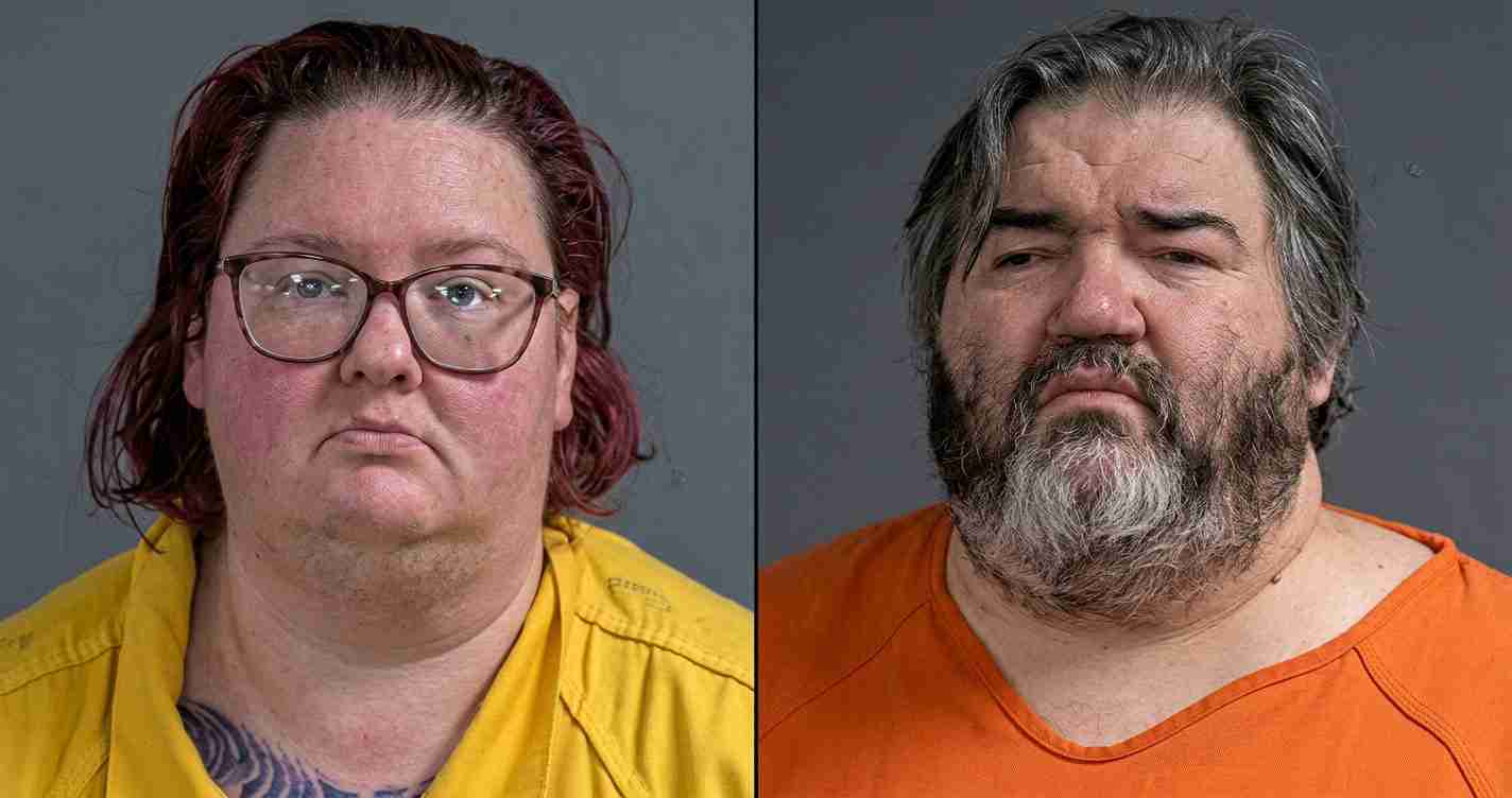 Two mugshots side by side: a woman in a yellow jumpsuit on the left and a bearded man in an orange jumpsuit on the right, each against a gray backdrop.
