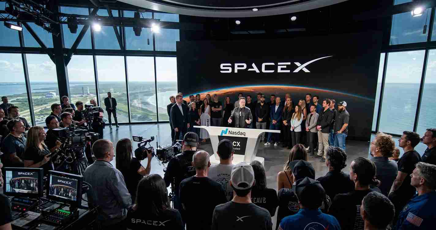 Speaker at a SpaceX press event behind a Nasdaq podium, with a large SpaceX backdrop and a crowd of reporters and cameras nearby.