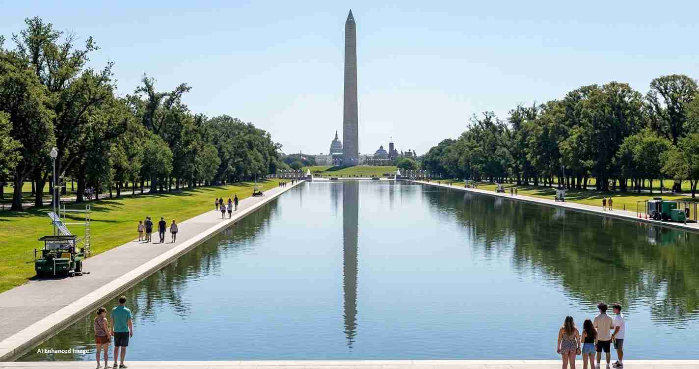 Washington Monument rising beside the Reflecting Pool with visitors strolling along the sides on a sunny day in DC parklands.
