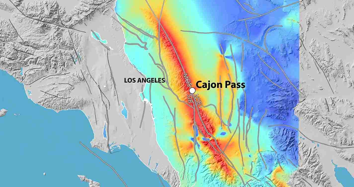 Seismic/topography map east of Los Angeles, highlighting Cajon Pass with a red-to-blue color gradient and fault lines marked across the region.