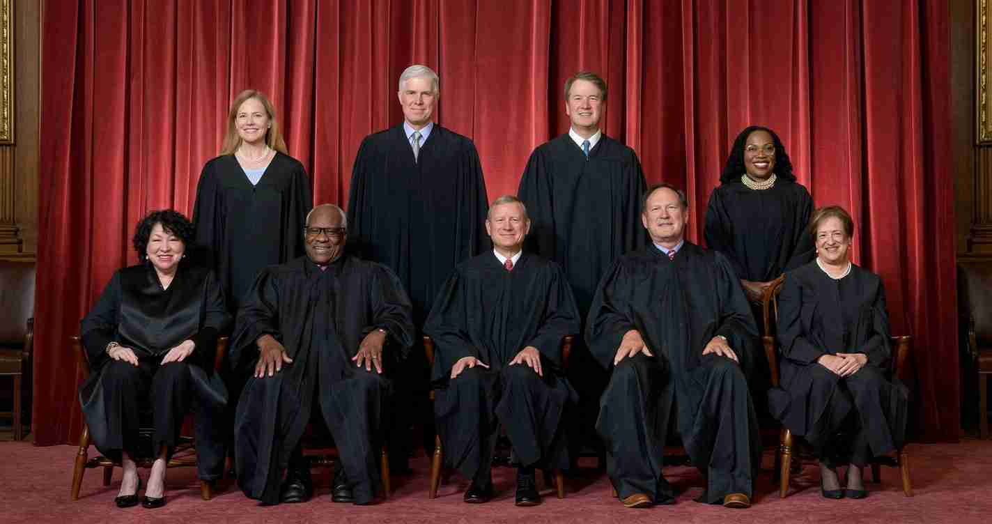 Group of judges in black robes seated and standing before red curtains, posing for a formal portrait in a courtroom setting.