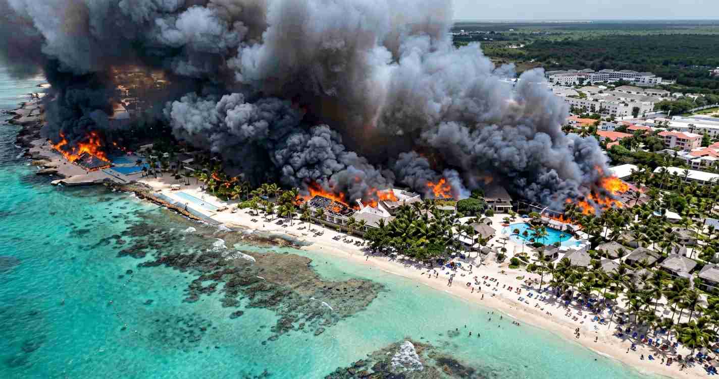 A tropical resort on a beach engulfed in large flames with thick black smoke billowing above the buildings.