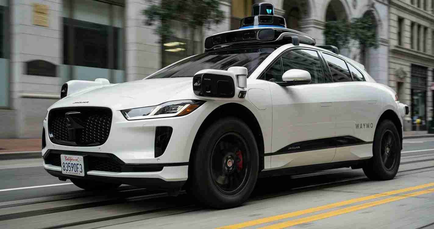 White Jaguar Waymo autonomous vehicle with roof-mounted sensors driving on a city street in traffic.