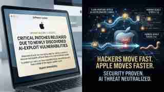 Split image: left shows a laptop alert about urgent security update for AI-exploit vulnerabilities; right shows a cybersecurity poster about AI threat neutralization and fast hacker activity.