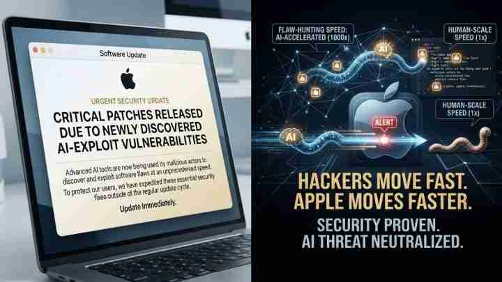 Split image: left shows a laptop alert about urgent security update for AI-exploit vulnerabilities; right shows a cybersecurity poster about AI threat neutralization and fast hacker activity.