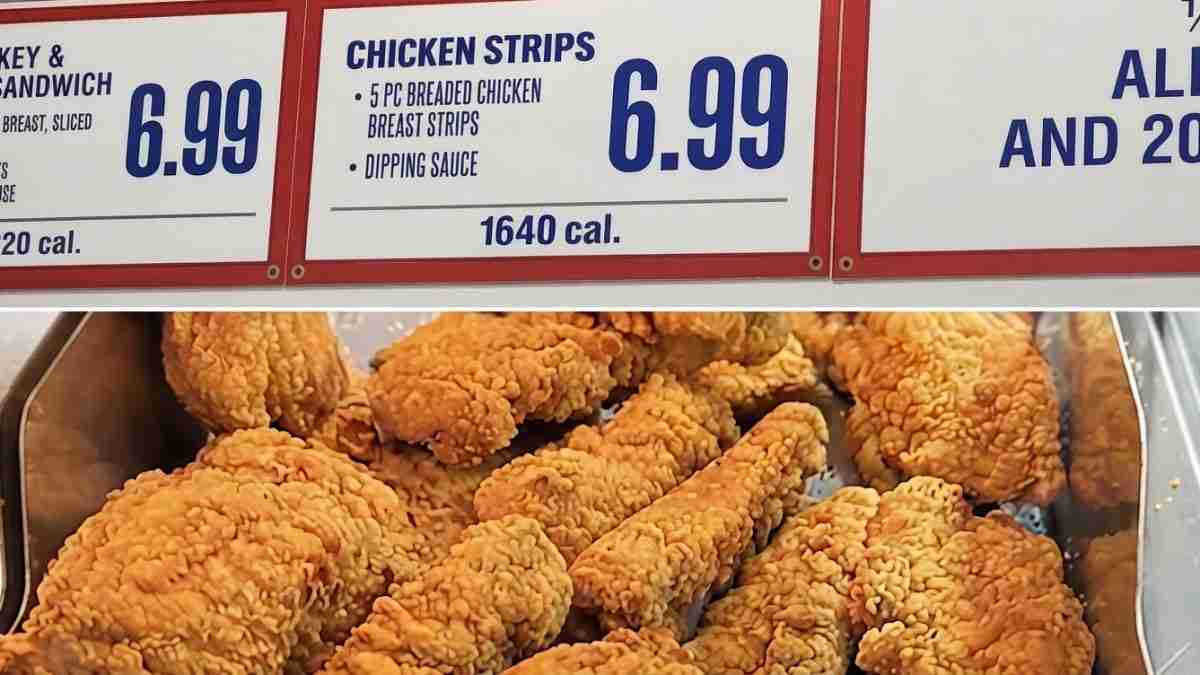 Tray of crispy fried chicken pieces beneath a menu board showing Chicken Strips for 6.99 and 1640 cal