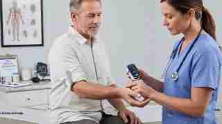 Nurse in blue scrubs uses a handheld device while checking an older man's blood pressure with a cuff in a clinic room.