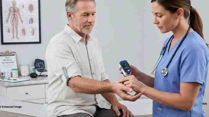 Nurse in blue scrubs uses a handheld device while checking an older man's blood pressure with a cuff in a clinic room.