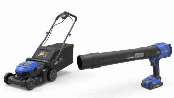 Cordless garden tool set with a small electric mower and a long-beam leaf blower nozzle in blue and black.