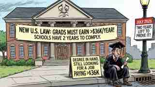 Graduation graduate sits on curb with degree, banner proclaims law requiring grads to earn over $36K/year within two years for schools to comply.