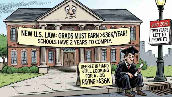 Graduation graduate sits on curb with degree, banner proclaims law requiring grads to earn over $36K/year within two years for schools to comply.