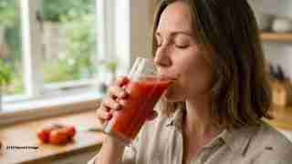 Woman in a light shirt sips a tall glass of red juice in a bright kitchen by a window, with tomatoes in the background.