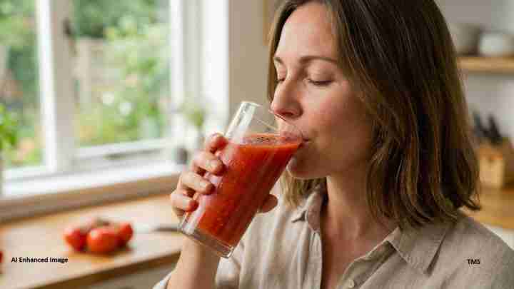 Woman in a light shirt sips a tall glass of red juice in a bright kitchen by a window, with tomatoes in the background.
