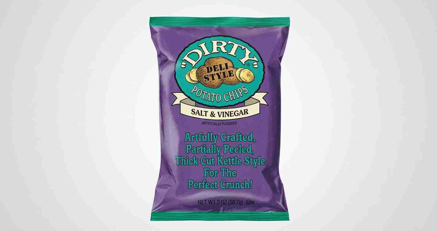 Bag of Dirty Dell Style Salt & Vinegar potato chips in a purple bag with a teal logo on the front guard.