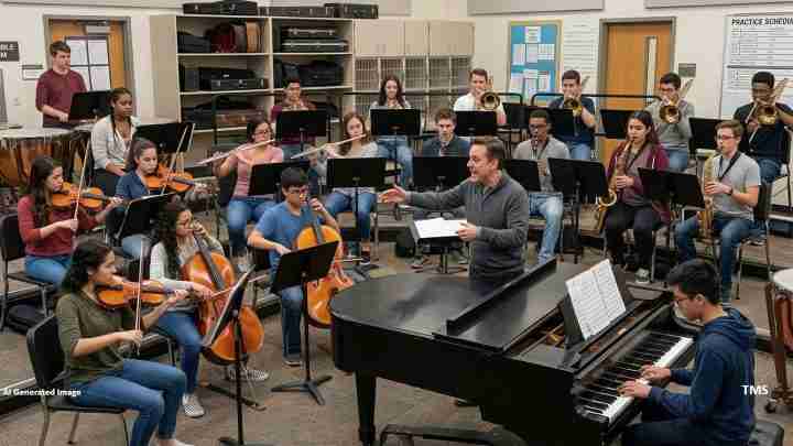 School music ensemble rehearsal in a practice room, conductor leads strings, brass, and woodwinds while a pianist accompanies at a grand piano.