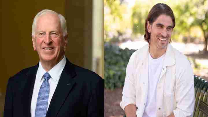 Two men pictured side by side: an older gentleman in a dark suit and blue tie on the left, and a younger man in a white jacket with a white shirt on the right, smiling outdoors.